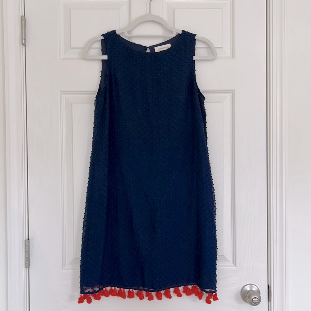Sail to Sable Navy Shift Dress with Red-Orange Tassel. Silk, Sleeveless Womens 2
